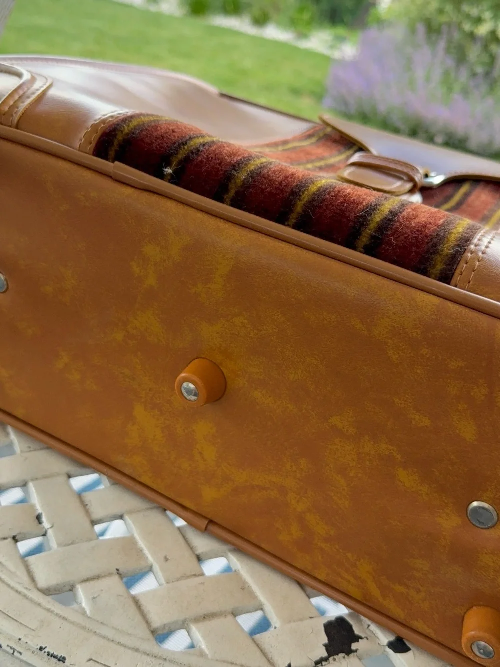 Vintage Men's Travel Suitcase Luggage in Cognac Brown Carpet Panel Accent